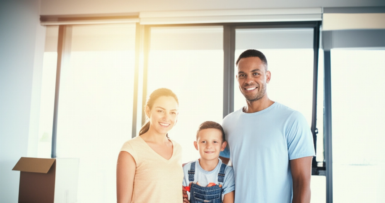 Famille caucasienne heureuse dans un nouveau salon lumineux avec des cartons, symbolisant un nouveau départ.