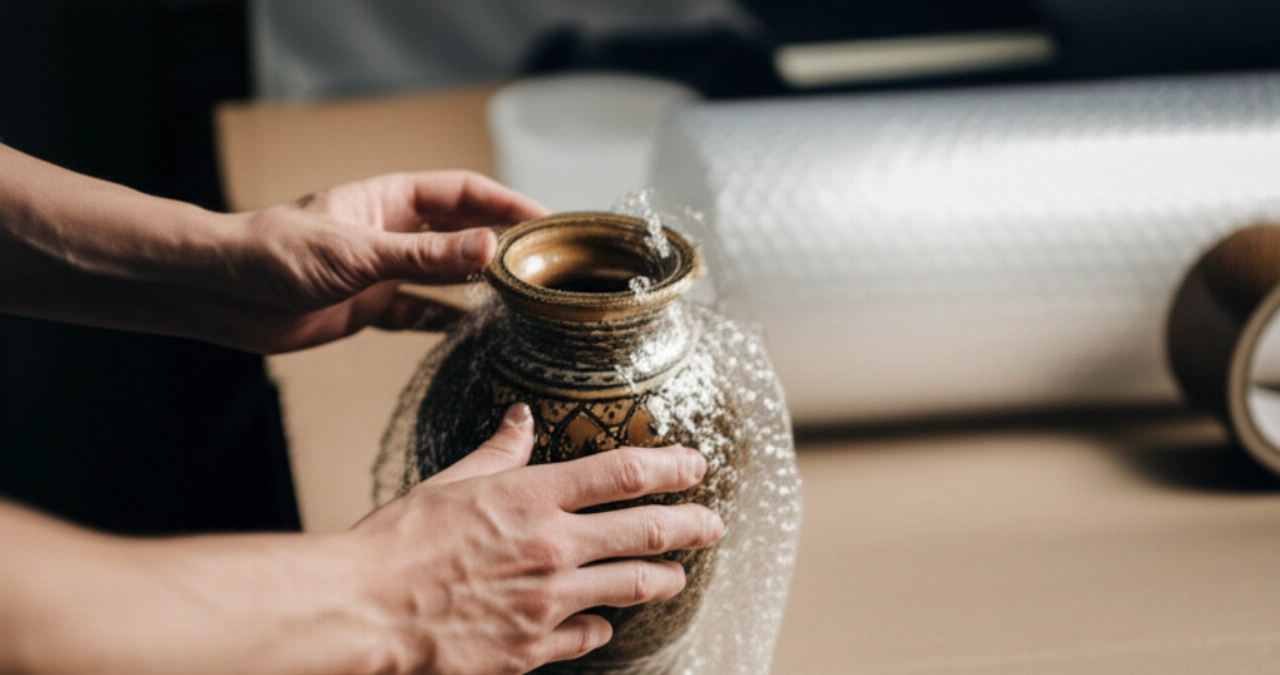 Mains caucasiennes professionnelles enveloppant soigneusement un vase délicat avec du papier bulle, soulignant la protection.