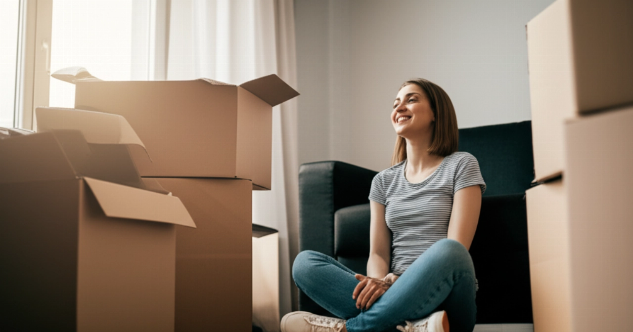 Femme caucasienne assise dans un nouveau salon avec des cartons, profitant d'un moment de soulagement après le déménagement.