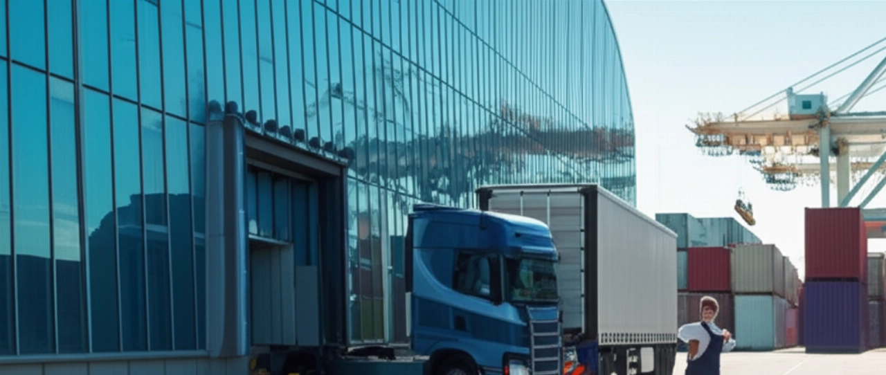 Camion moderne dans un port européen, avec des conteneurs et un ouvrier caucasien, symbolisant le commerce mondial.