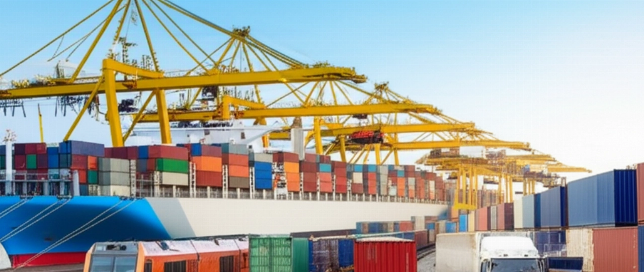 Scène de transport intermodal avec porte-conteneurs, train de marchandises et camion dans un port moderne, représentant la complexité de la logistique mondiale.