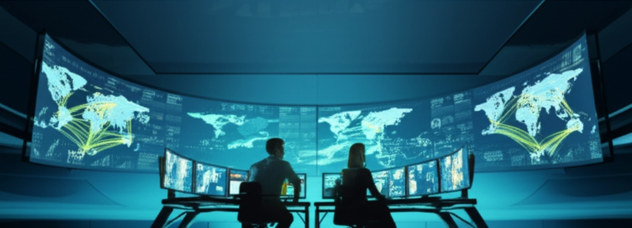 Intérieur d'un centre de contrôle logistique futuriste avec des professionnels caucasiens surveillant les routes maritimes mondiales sur des écrans, symbolisant la gestion intelligente des transports.