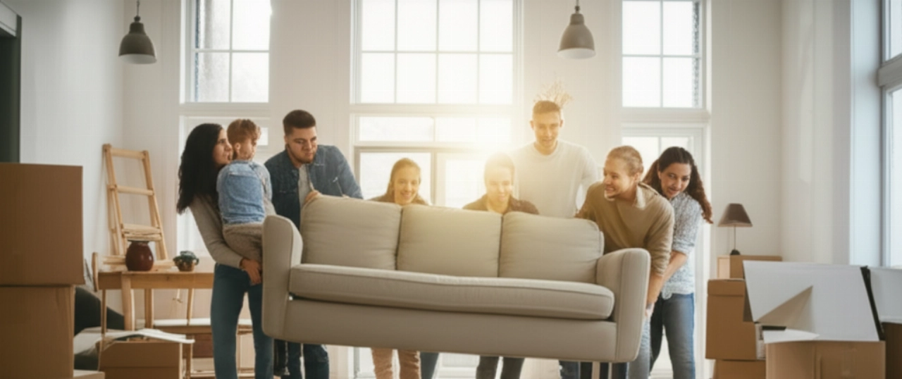 Un groupe d'amis ou de membres de la famille caucasiens souriants collaborant avec énergie pour transporter un canapé dans un nouveau salon spacieux et inondé de lumière.