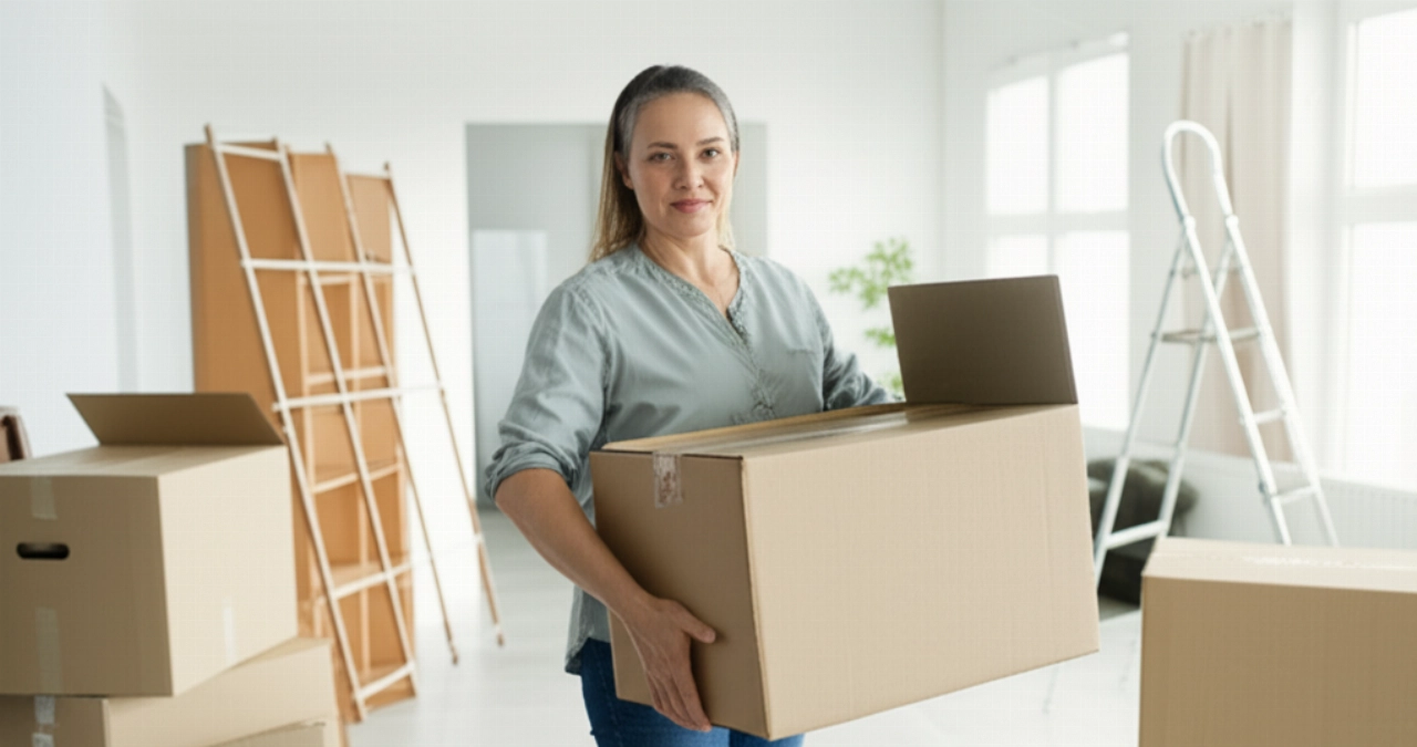 Femme caucasienne calme et organisée dans une pièce avec des cartons de déménagement, représentant un processus de déménagement efficace et bien planifié.