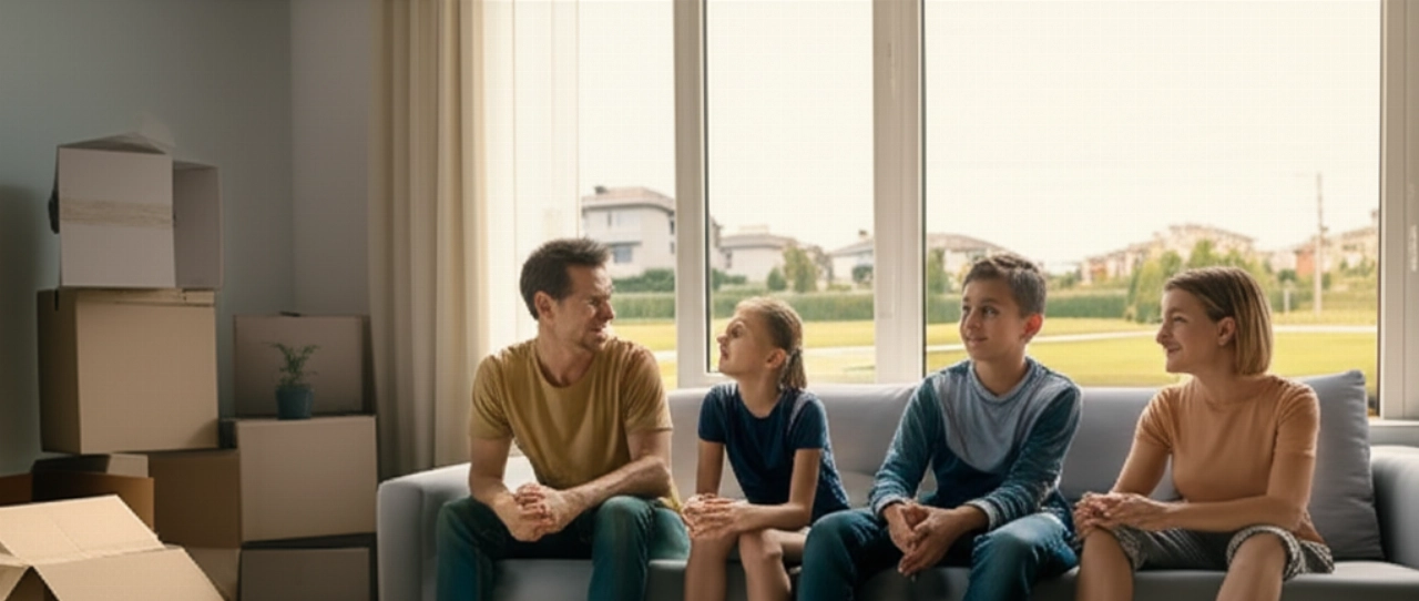 Famille caucasienne détendue et heureuse dans une nouvelle maison, symbolisant la tranquillité d'esprit après un déménagement bien géré.