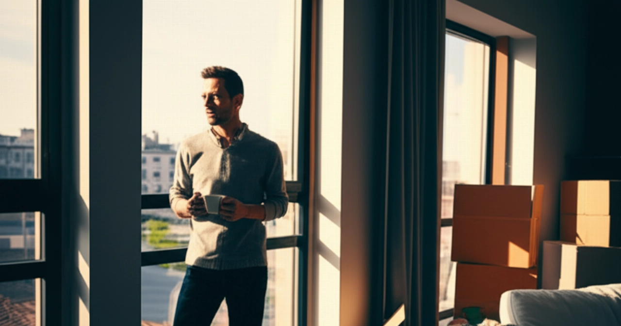 Homme caucasien avec une tasse de café, regardant par la fenêtre de son nouvel appartement, avec des cartons de déménagement partiellement ouverts.