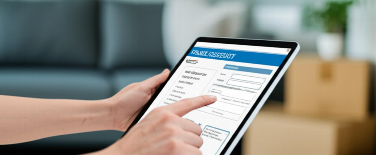 Mains caucasiennes interagissant avec une tablette ou un ordinateur portable affichant un formulaire en ligne de changement de résidence.