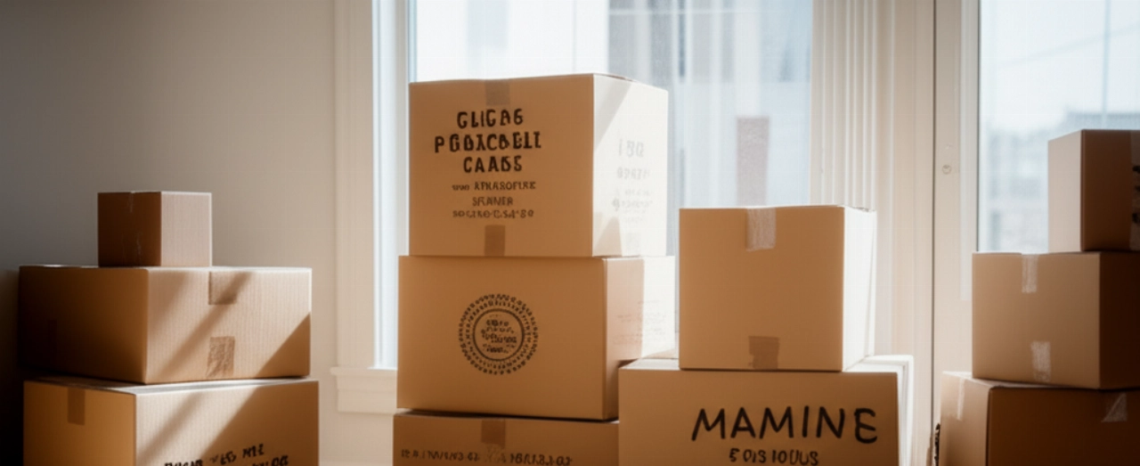 Cartons de déménagement en carton soigneusement empilés dans un salon moderne et lumineux, prêts à être transportés.