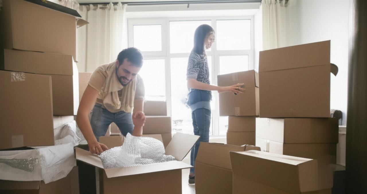 Un couple caucasien souriant emballant ou déballant des cartons de déménagement dans un appartement spacieux et vide.
