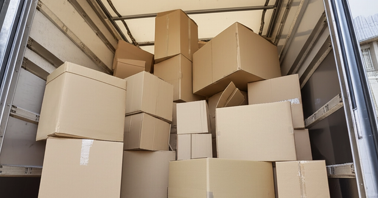 Un grand tas de cartons de déménagement à l'intérieur d'un camion ou d'un large couloir, prêts pour le transport.