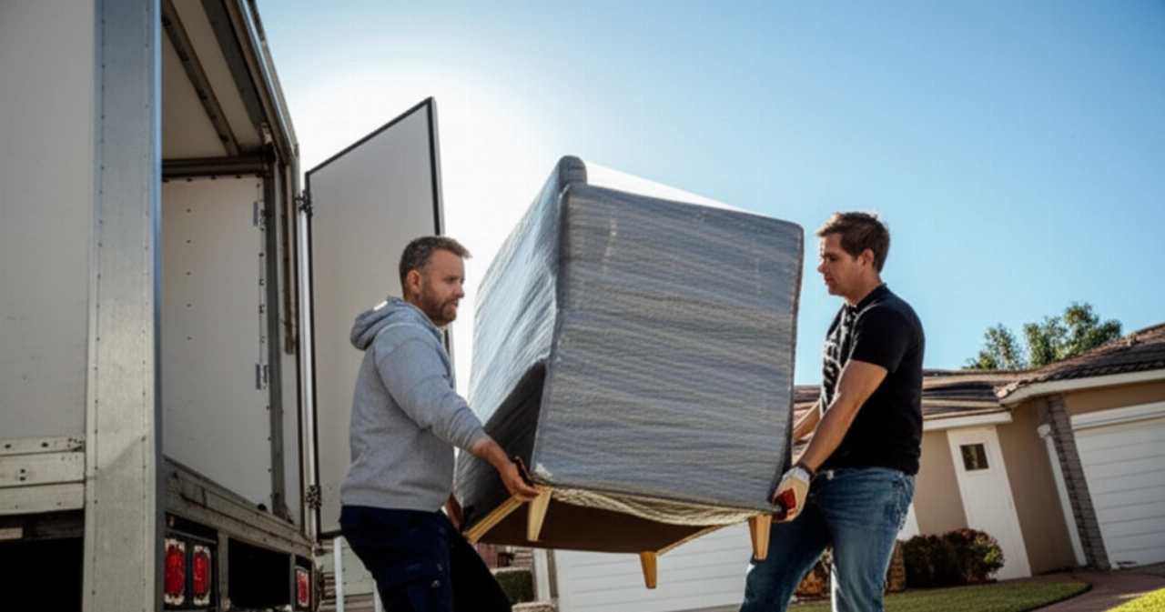 Deux hommes caucasiens transportant un grand meuble vers un camion de déménagement.
