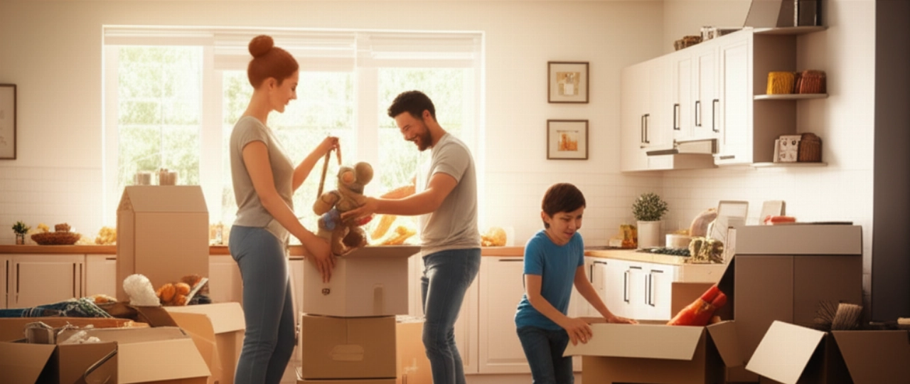 Famille caucasienne déballant joyeusement des cartons dans leur nouveau salon lumineux.