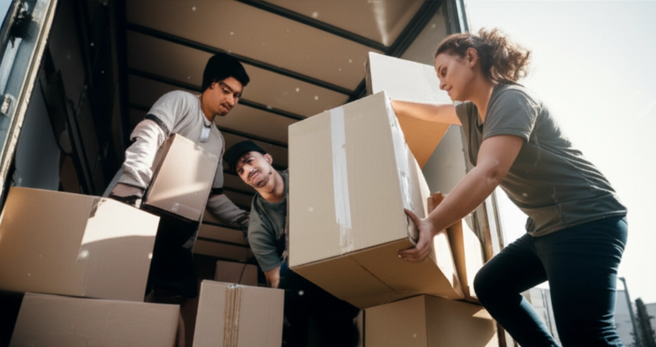 Trois adultes caucasiens chargent efficacement des cartons étiquetés et des meubles démontés sur un camion, démontrant un déménagement organisé et attentif.