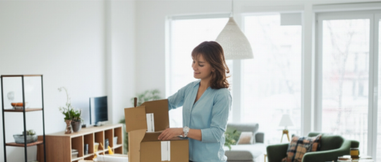 Une femme caucasienne déballe stratégiquement un carton étiqueté dans un salon lumineux et nouvellement aménagé, montrant la phase finale d'un déménagement intelligent et sans stress.