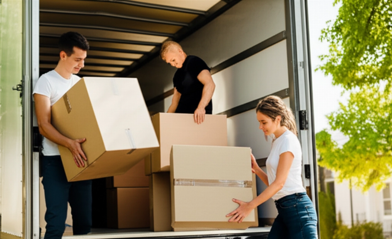 Deux personnes caucasiennes chargent efficacement des cartons dans un camion de déménagement, représentant le travail acharné et la collaboration.