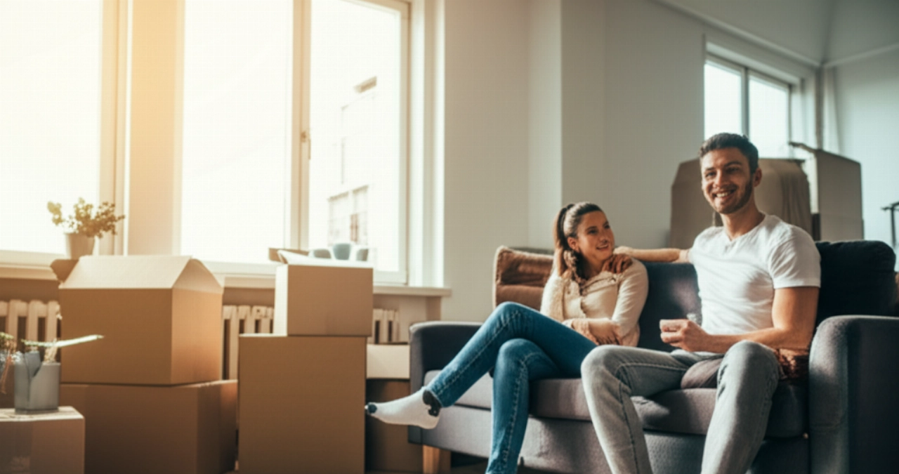 Un couple caucasien se détend sur un canapé dans leur nouveau salon, entouré de cartons mais avec un sentiment de paix et de satisfaction après le déménagement.