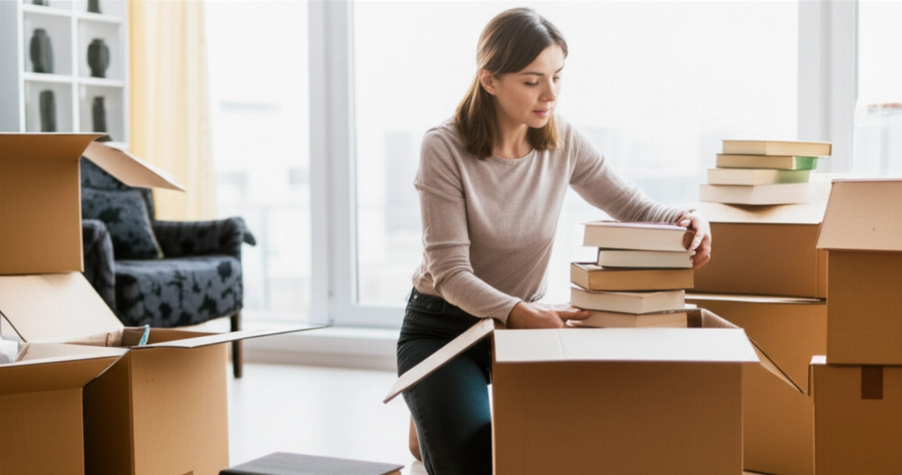 Une femme caucasienne dans un salon lumineux, agenouillée à côté d'une boîte de déménagement ouverte, arrangeant soigneusement une pile de livres.