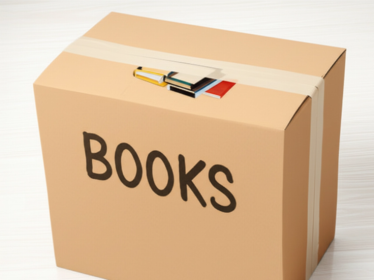 Une solide boîte en carton marron, parfaitement scellée et étiquetée 'LIVRES', pleine de volumes, prête pour le transport.