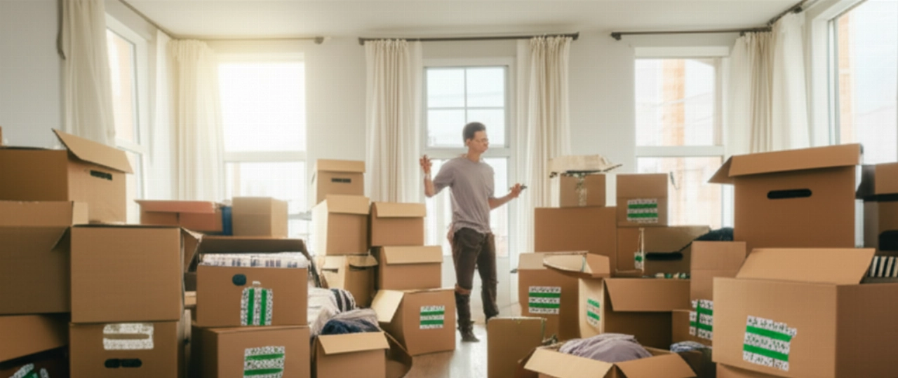 Un salon rempli de cartons de déménagement empilés et étiquetés, avec un homme caucasien observant avec satisfaction l'organisation de son emballage.