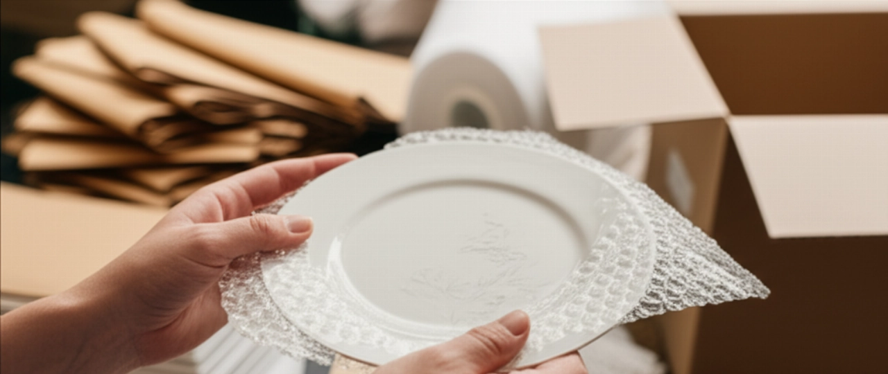 Gros plan hyperréaliste de mains caucasiennes enveloppant une assiette avec du papier bulle.