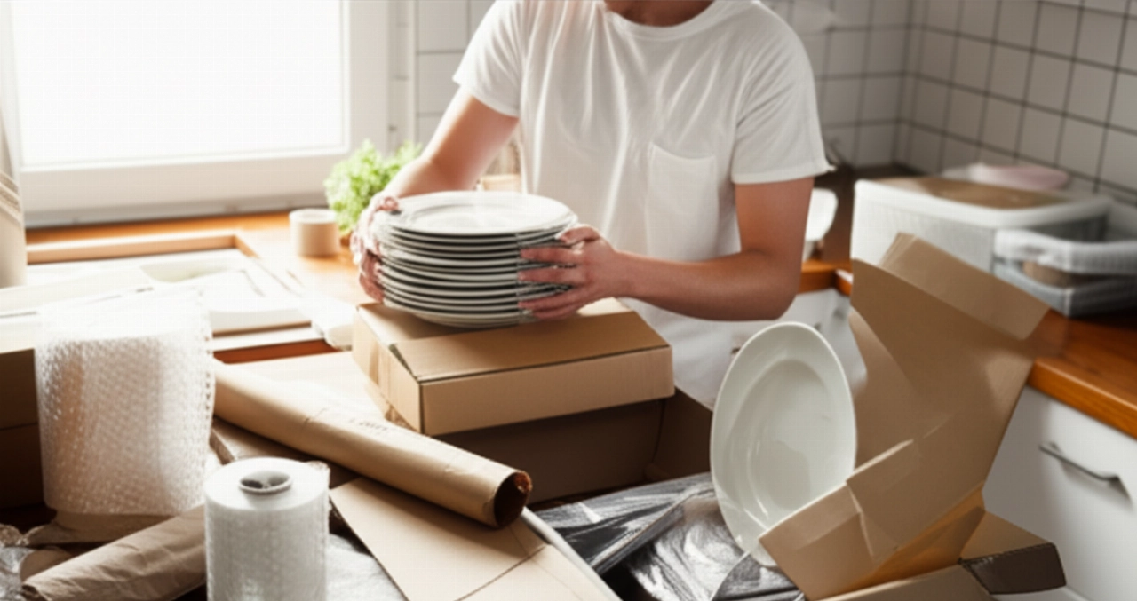 Personne caucasienne emballant des assiettes dans une boîte de déménagement, avec des matériaux d'emballage.