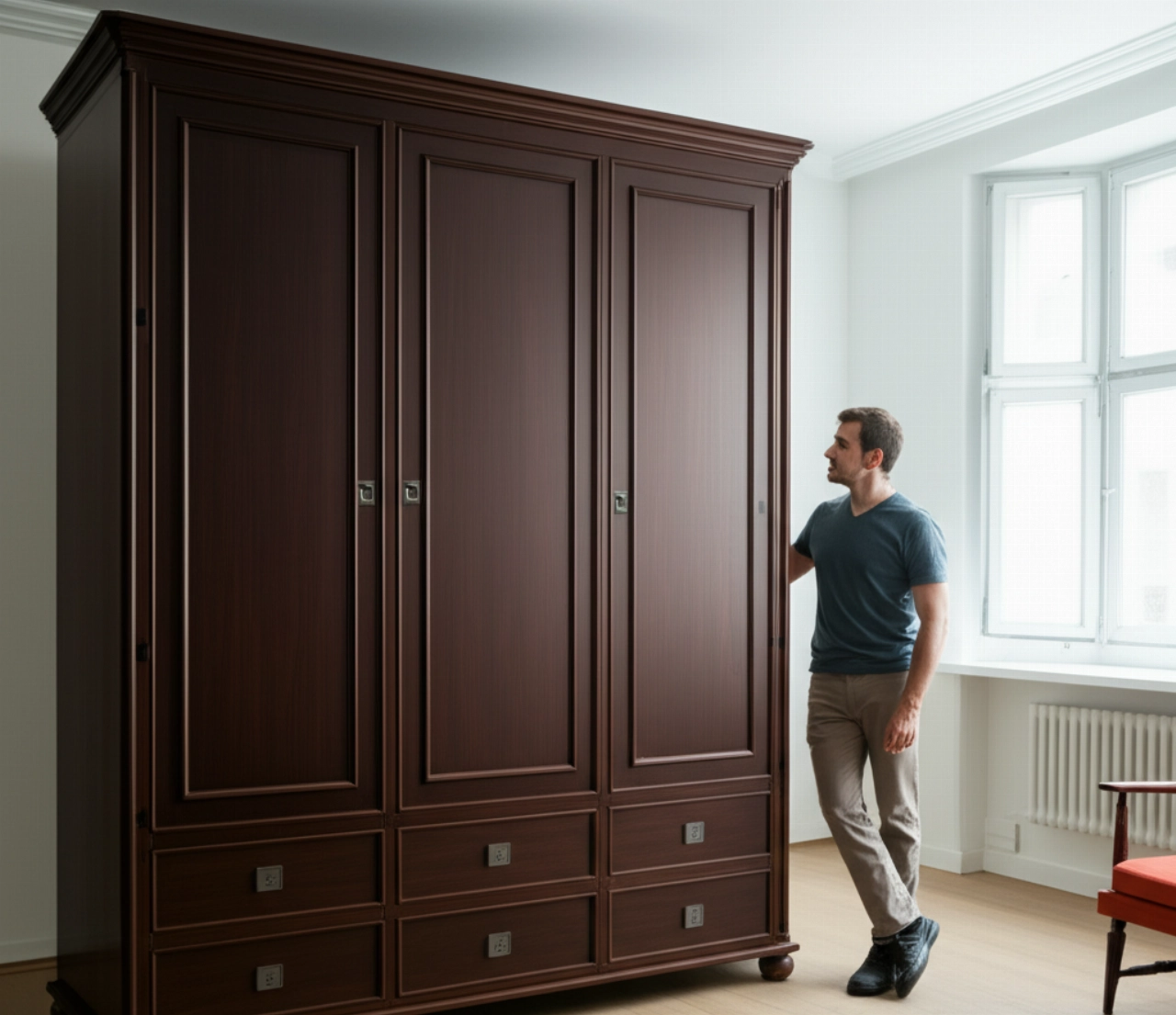Une grande armoire en bois est positionnée avec succès à son nouvel emplacement, avec un homme caucasien satisfait à côté.