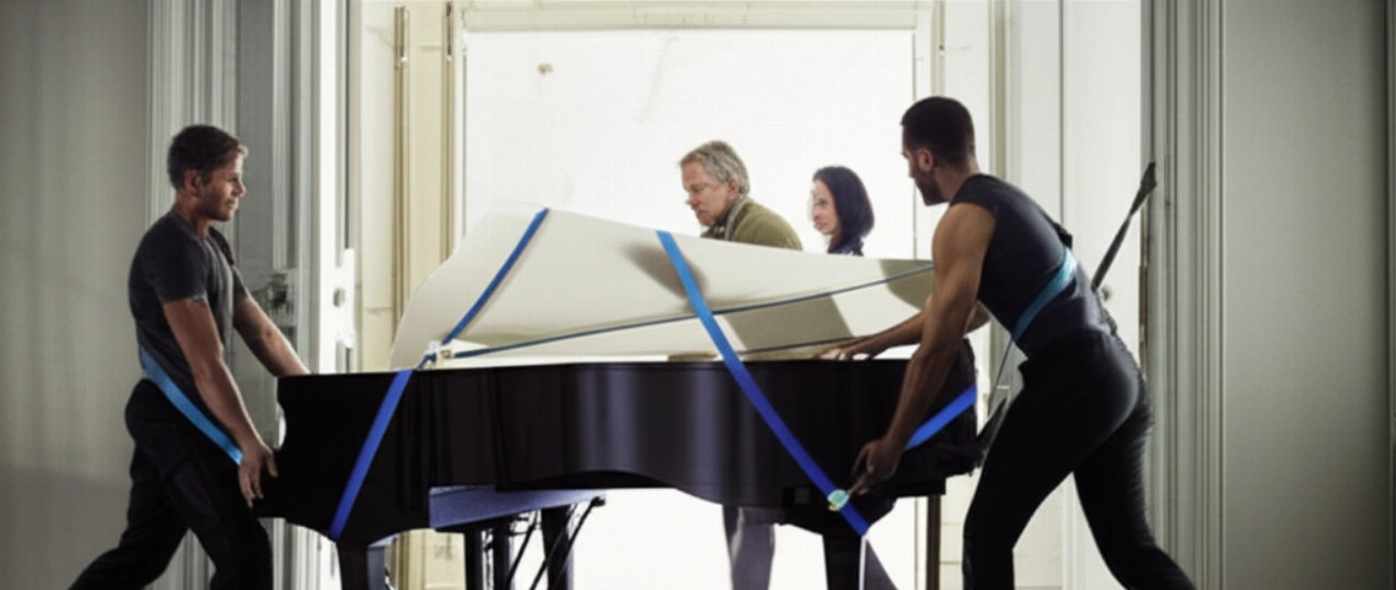 Trois personnes caucasiennes déplacent avec précaution un piano à queue à travers une porte à l'aide de sangles professionnelles.