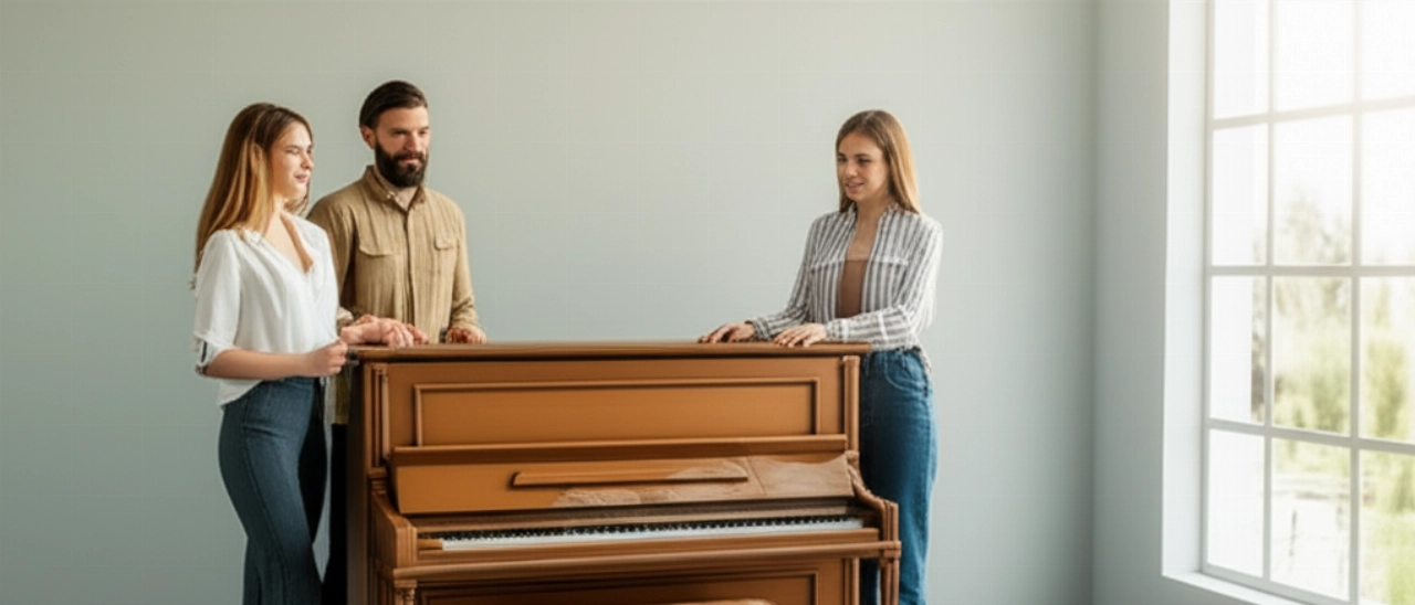 Un piano droit est installé avec succès dans une nouvelle pièce lumineuse, avec deux personnes caucasiennes satisfaites.