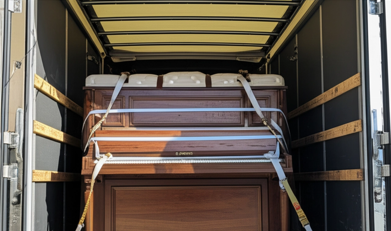 Un piano droit est solidement fixé avec des couvertures et des sangles à l'arrière d'un camion de déménagement.