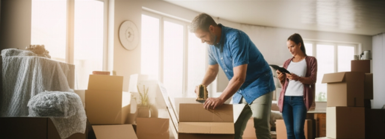 Couple caucasien dans un salon moderne rempli de cartons de déménagement, occupés à organiser le déménagement.
