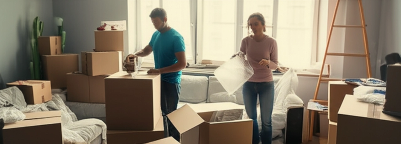 Un couple caucasien dans un salon rempli de cartons de déménagement, emballant des objets avec des expressions fatiguées mais déterminées, symbolisant l'effort du déménagement.