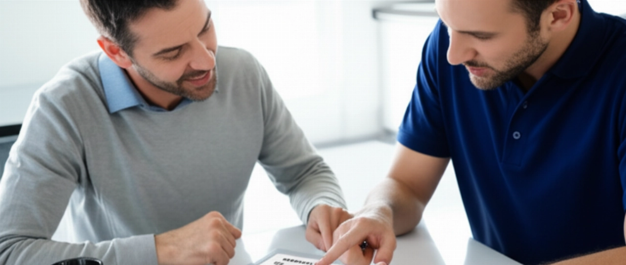 Un homme caucasien assis à une table examinant un devis de déménagement sur une tablette ou un document, avec un déménageur professionnel expliquant les détails, symbolisant la transparence des coûts.