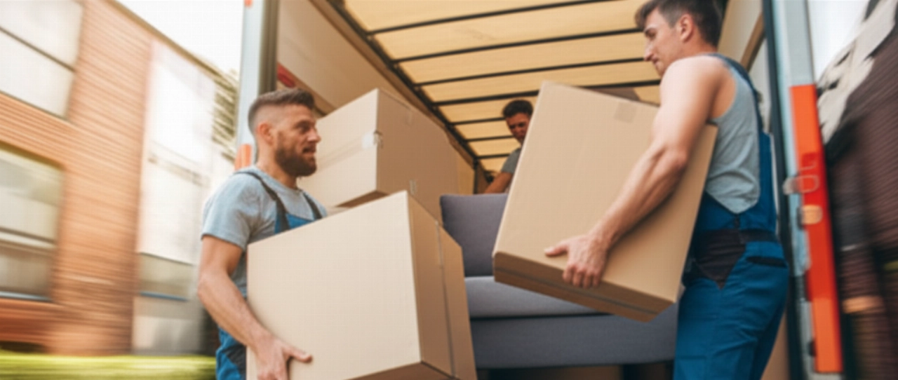 Deux déménageurs professionnels caucasiens chargent efficacement des cartons et un canapé dans un camion, illustrant le service et l'effort physique.