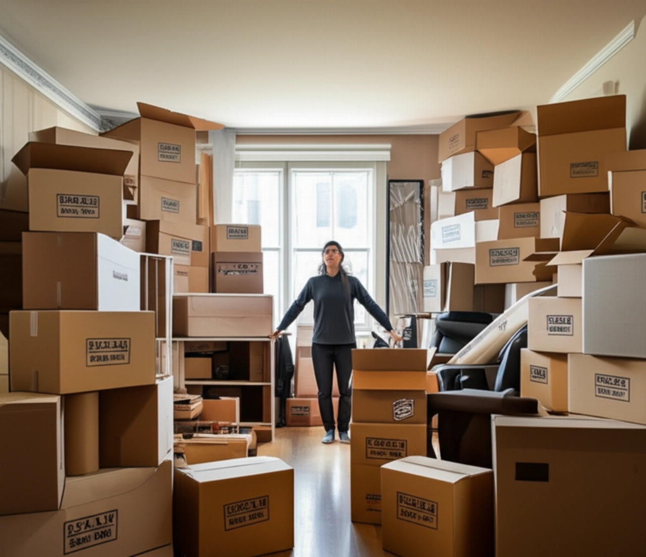 Un salon désordonné et rempli de cartons de déménagement et de meubles, avec une personne caucasienne observant la quantité d'objets à déplacer.