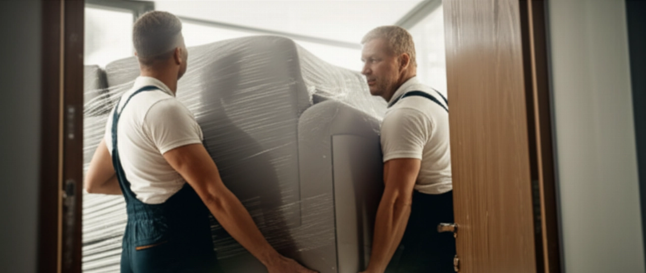 Des déménageurs professionnels caucasiens transportent soigneusement un canapé, faisant preuve d'efficacité.