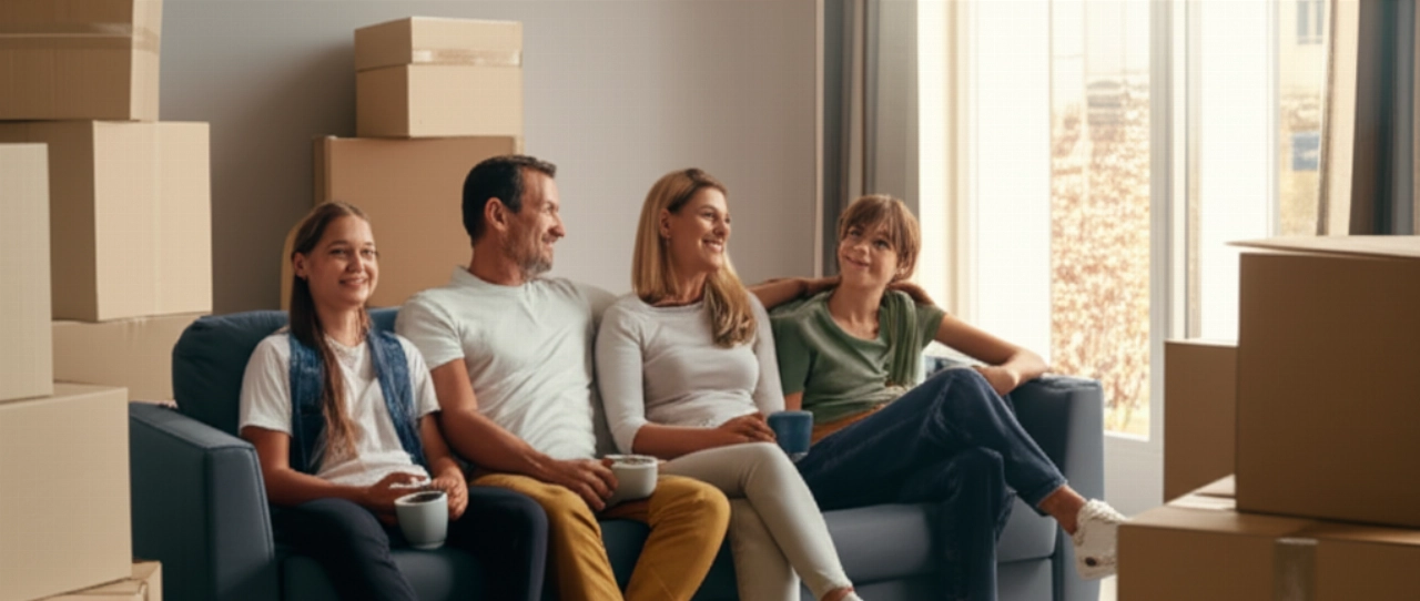 Famille caucasienne détendue dans leur nouveau salon, entourée de cartons de déménagement, après un déménagement réussi.