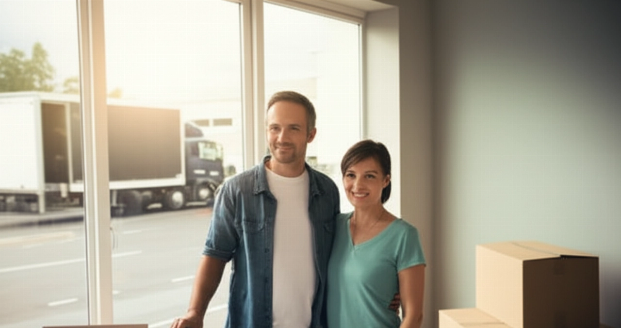Un couple caucasien sourit dans son nouveau salon partiellement aménagé, avec des cartons de déménagement, symbolisant la satisfaction d'un déménagement efficace basé sur le coût horaire.