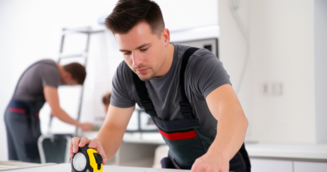 Des techniciens caucasiens assemblent avec précision une cuisine, avec un ouvrier mesurant un plan de travail et un autre raccordant un appareil électroménager.