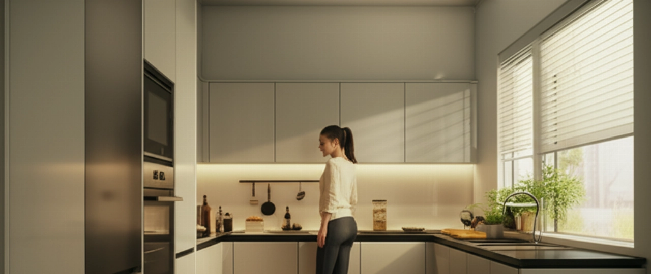 Une femme caucasienne souriante admire sa cuisine moderne nouvellement réassemblée, qui semble propre, fonctionnelle et accueillante.