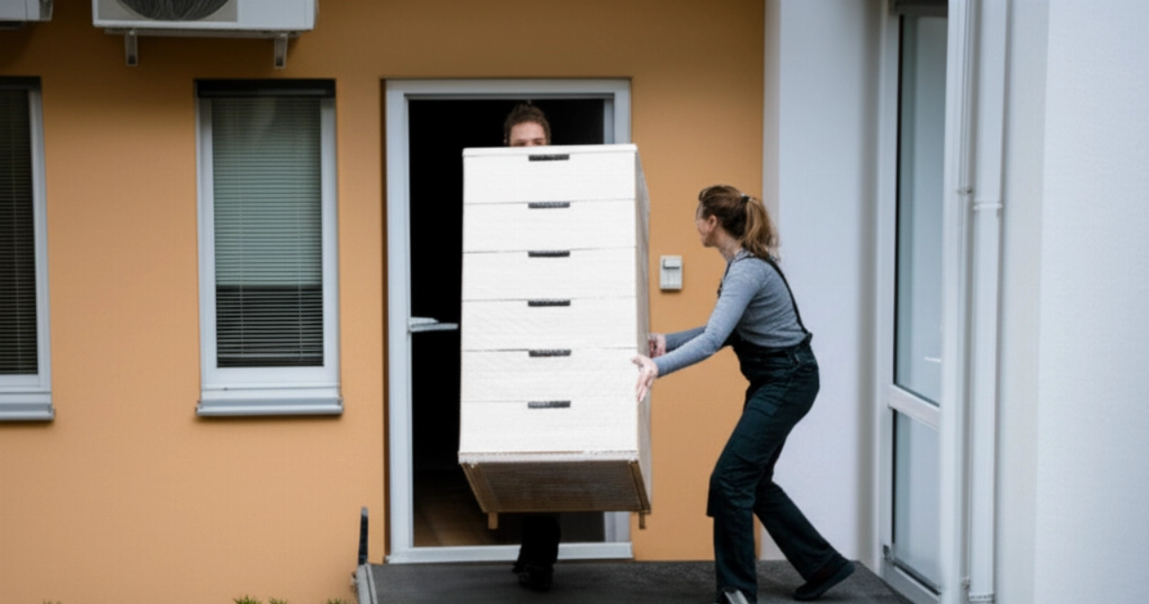 Déménageuse caucasienne déchargeant avec précision un grand meuble d'une plateforme de déménagement extérieure dans un appartement.