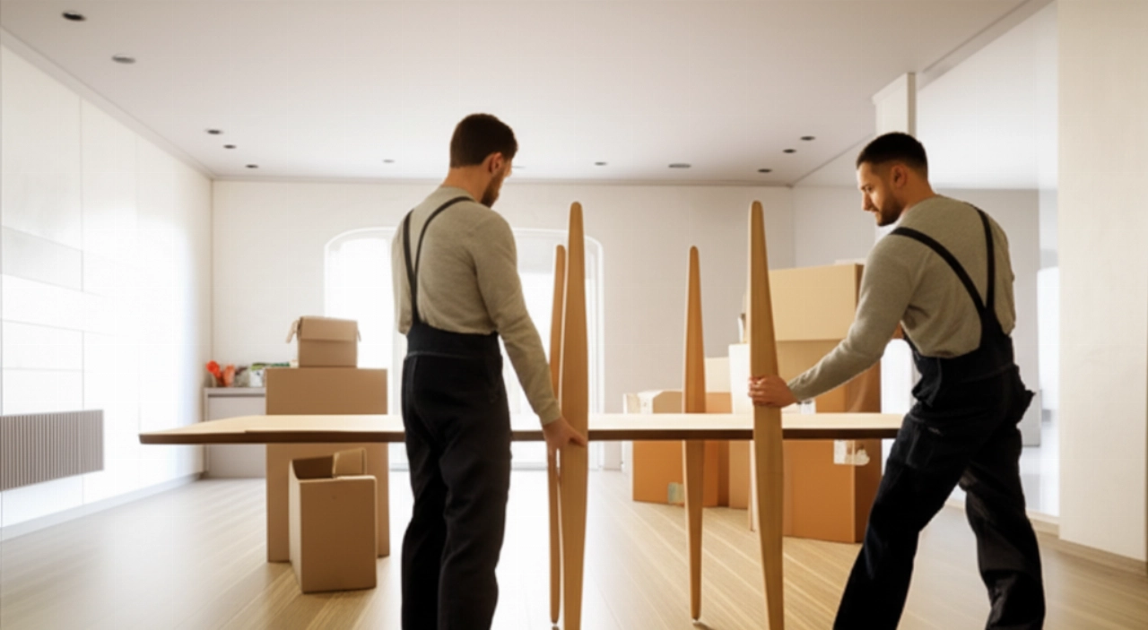 Deux déménageurs caucasiens professionnels assemblent une grande table à manger dans une pièce lumineuse et vide.