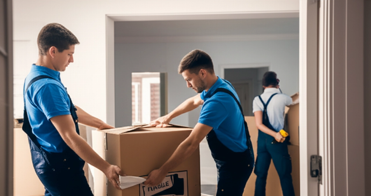Une équipe de trois déménageurs caucasiens professionnels gère les différentes phases d'un déménagement complet, y compris l'emballage, le transport et le montage.