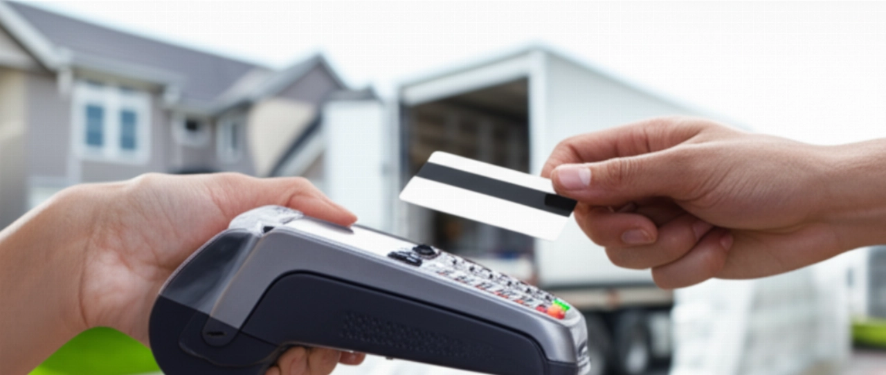 Mains caucasiennes effectuant un paiement par carte de crédit sur un terminal portable, avec un camion de déménagement en arrière-plan, symbolisant les coûts de déménagement.