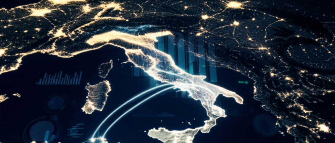 Carte stylisée de l'Italie avec un itinéraire de déménagement interrégional illuminé et des graphiques financiers superposés symbolisant les coûts et la distance.