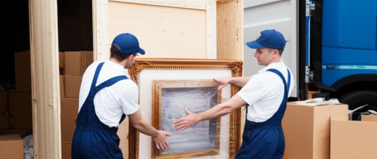 Déménageurs caucasiens professionnels emballant soigneusement des objets pour une expédition internationale, avec des cartons et un conteneur en arrière-plan.