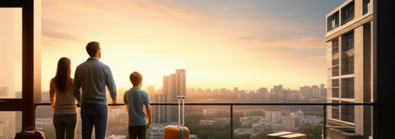 Famille caucasienne sur un balcon, regardant la ligne d'horizon d'une nouvelle ville étrangère au coucher du soleil, après un déménagement international.