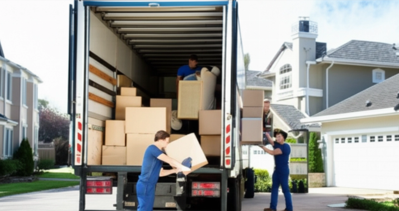 Déménageurs professionnels chargeant efficacement meubles et cartons sur un grand camion de déménagement, présentant un service de déménagement complet.