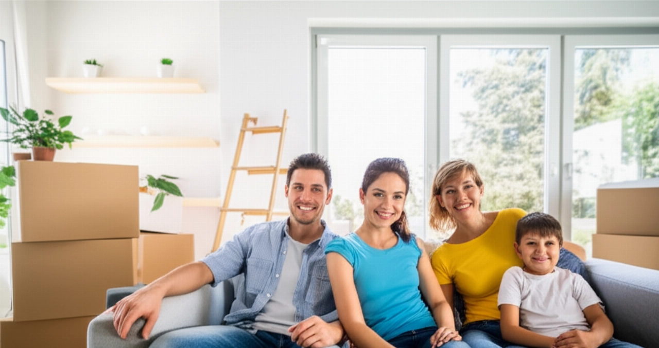 Une famille caucasienne heureuse et détendue dans un nouveau salon, avec des cartons partiellement déballés, symbolisant la réussite d'un déménagement national.