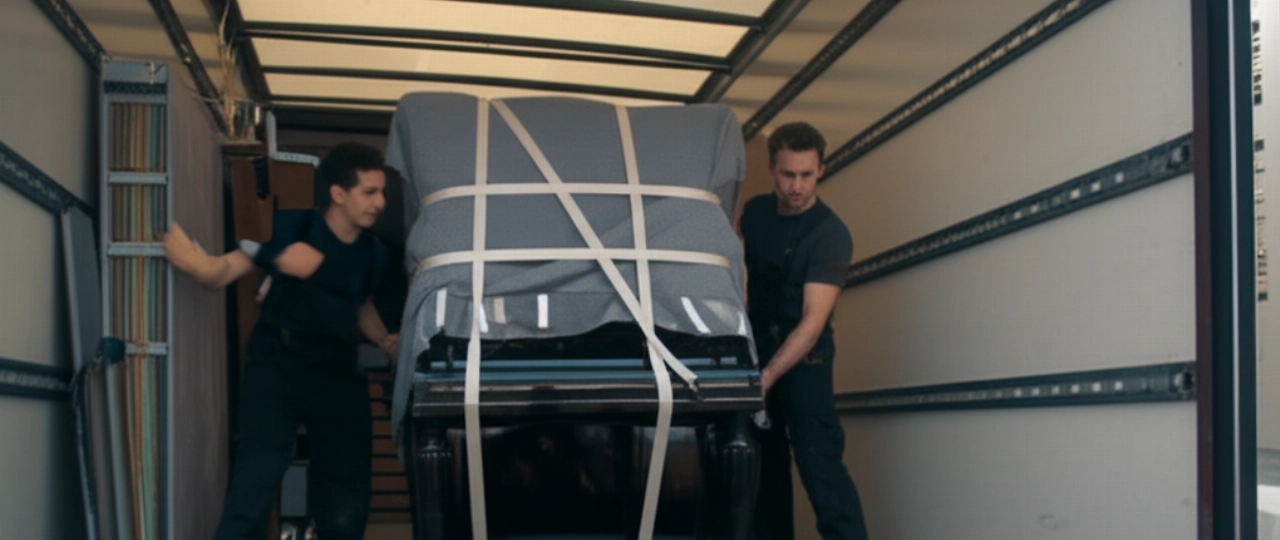 Piano droit enveloppé dans des couvertures de protection pendant qu'il est chargé sur un camion de déménagement professionnel, montrant la préparation pour un transport sûr.
