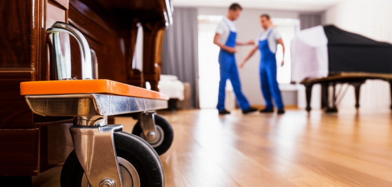Équipement spécialisé pour le déménagement de pianos, y compris un chariot robuste à roulettes, avec des déménageurs caucasiens planifiant le déplacement en arrière-plan.